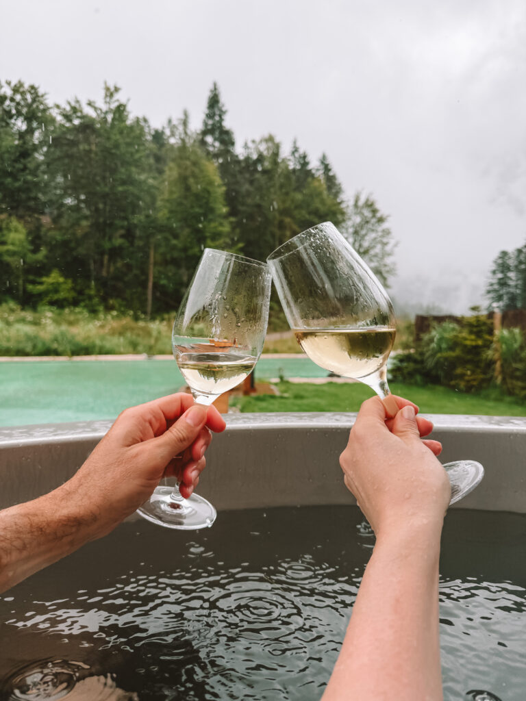 Private hot tub overlooking the lake at the Luxury Lakeside Chalet Priesteregg