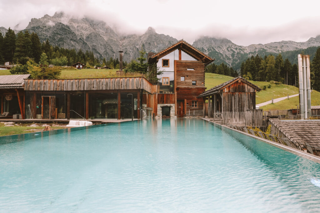 Luxury SPA area at Priesteregg Bad with panoramic pool in the Austrian Alps