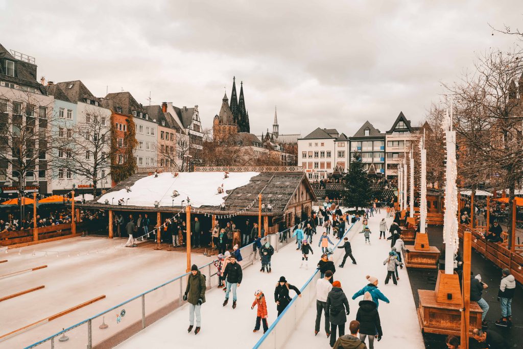 the ice rink is one of colognes most famous attractions at he Christmas markets