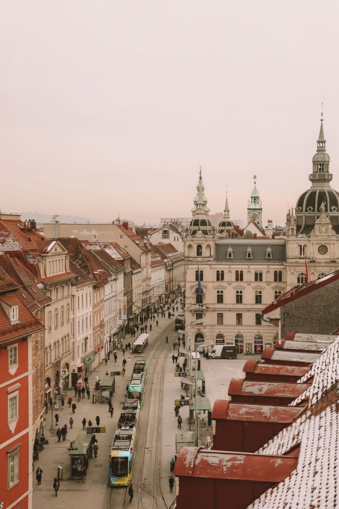 Walkable city Graz old town street with historic buildings