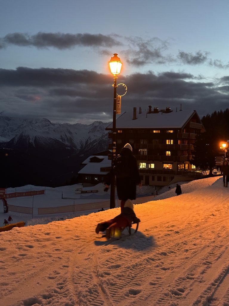 Walking and skiing through Bettmeralp without roads or vehicles